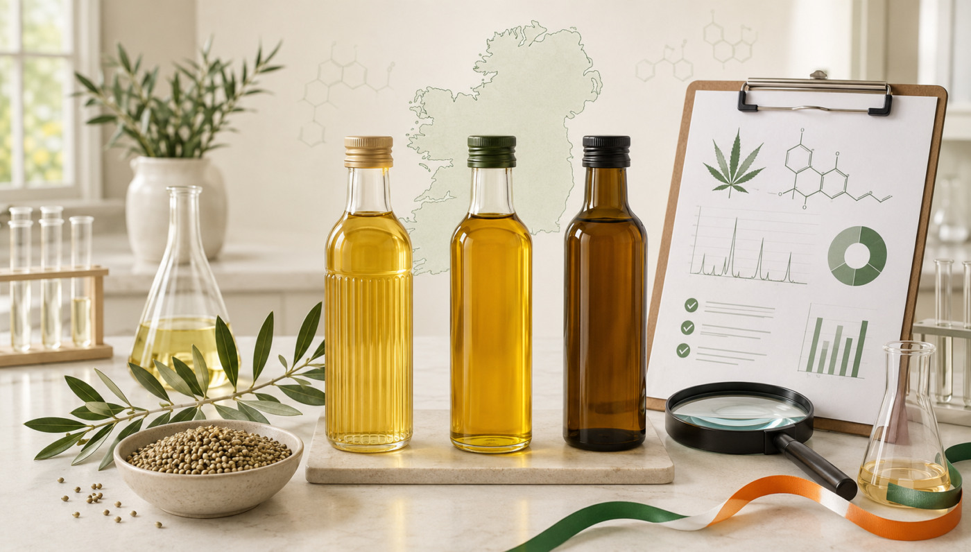 Laboratory testing of cannabis oils with test tubes and scientific charts.