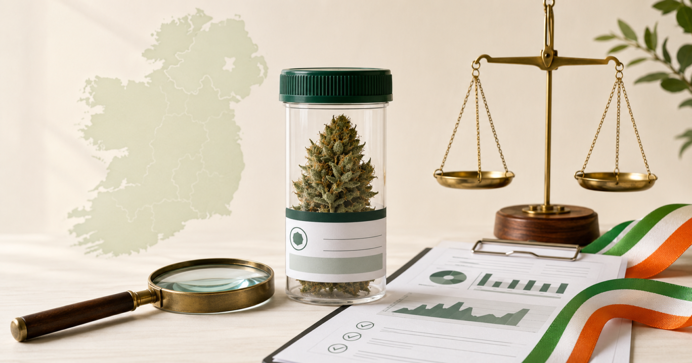 CBD flower sample in a clear jar with legal scales and documents.