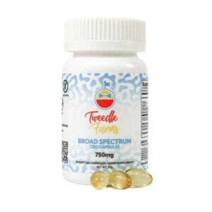 CBD capsules bottle with 3 capsules in front, broad spectrum, 750mg, hemp supplement.