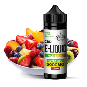 CBD E-Liquid Fruit Salad 100ml bottle with fresh fruits.