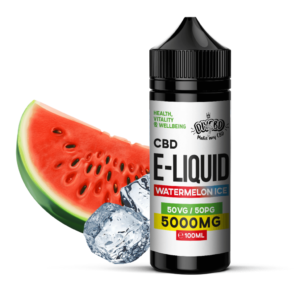 CBD Watermelon ICE e-liquid bottle with watermelon slice and ice cubes.