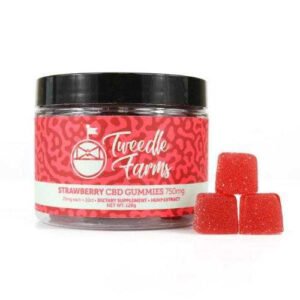 Strawberry CBD Gummies 750mg in jar with two gummies outside.