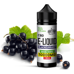 CBD vape liquid bottle with blackcurrant flavor and fresh blackcurrant berries.