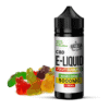 CBD E-Liquid bottle with colorful fruit gummies for vaping.