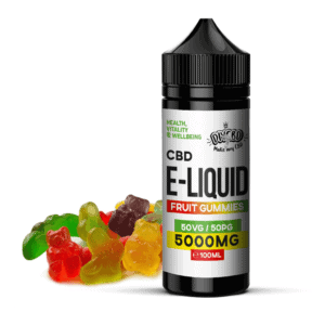 CBD E-Liquid bottle with colorful fruit gummies for vaping.