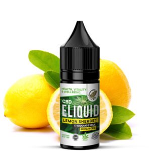 CBD Lemon Sherbet E-Liquid bottle with lemons and leaves for CBD vaping.