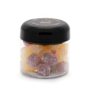 CBD sour gummies in a clear jar with black lid, colorful and sugar-coated.