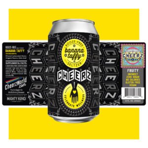 Cheerz Banana Taffy flavored seltzer can with vibrant design.