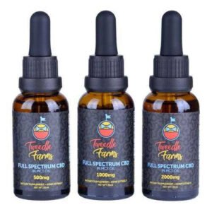 Three bottles of Full Spectrum CBD Oil from Cannablisshop Europe with dropper caps.