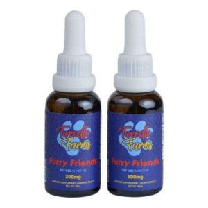 Two bottles of Furry Friends Pet CBD Oil with droppers, 300mg and 600mg.