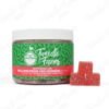 Watermelon CBD gummies jar with three gummies outside.