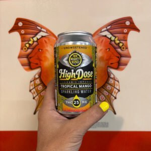 Cannabis-infused Tropical Mango sparkling water with butterfly wings background.