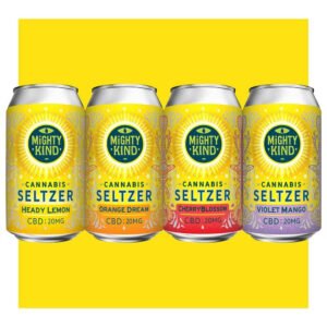Four cans of Mighty Kind cannabis seltzer with lemon, orange, cherry blossom, and violet mango.