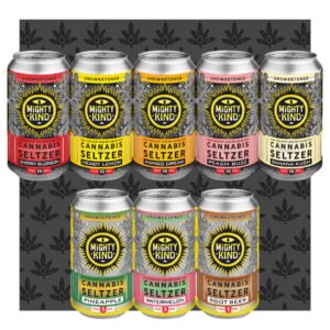 Assorted Mighty Kind cannabis seltzers with fruit flavors on black background.