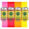 Four cans of Mighty Kind cannabis seltzer with colorful backgrounds.