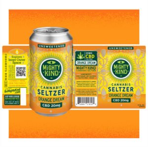 Mighty Kind Orange Dream CBD Seltzer can with cannabis leaf and CBD info.