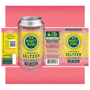 Cannabis seltzer can with Just Peachy flavor and 20mg CBD, eco-friendly design.