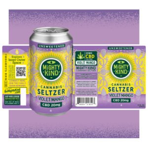 Mighty Kind Violet Mango CBD Seltzer can with label details.