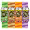 Cannabis soda cans with lemon lime, root beer, orange, and grape flavors.