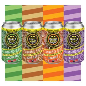 Cannabis soda cans with lemon lime, root beer, orange, and grape flavors.