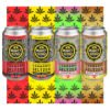 Cannabis seltzer cans with colorful background and leaf pattern.