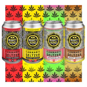Cannabis seltzer cans with colorful background and leaf pattern.