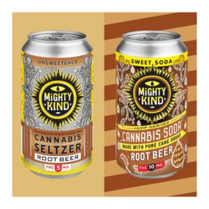 Cannabis-infused root beer seltzer and soda cans from Mighty Kind with THC content.