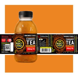 Cannabis tea bottle with THC and caffeine content, unsweetened, 120mg THC, 2 fl oz.