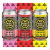 Cannabis seltzer cans with Peach Buzz, Cherry Blossom, and Lemon flavors.