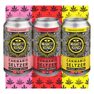 Cannabis seltzer cans with Peach Buzz, Cherry Blossom, and Lemon flavors.