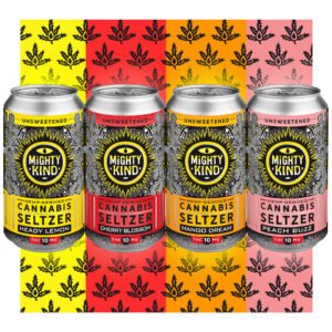 Cannabis seltzer cans with lemon, cherry, mango, and peach flavors on colorful background.