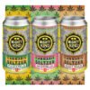 Cannabis seltzer cans with pineapple, watermelon, and root beer flavors.