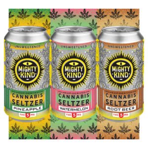 Cannabis seltzer cans with pineapple, watermelon, and root beer flavors.