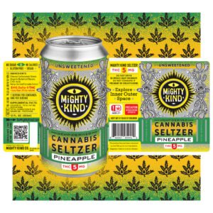 Cannabis seltzer can with pineapple flavor, THC 5mg, no sugar, vegan, gluten-free, unsweetened.