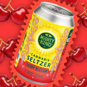 Cannabis seltzer can with Cherry Blossom flavor on a cherry background.