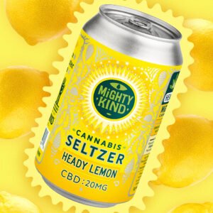 Cannabis-infused seltzer can with lemon flavor from Mighty Kind, perfect for CBD relaxation.