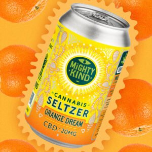 Cannabis-infused Orange Dream CBD seltzer can with vibrant yellow and orange design.
