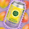 Violet Mango CBD seltzer can with mango and purple background.