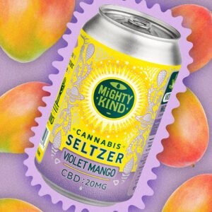 Violet Mango CBD seltzer can with mango and purple background.