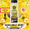Cannabis-infused lemonade drink with THC 100mg, bright yellow background, and cannabis leaves.