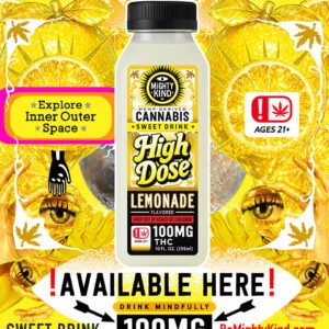 Cannabis-infused lemonade drink with THC 100mg, bright yellow background, and cannabis leaves.