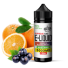 CBD e-liquid bottle with orange and blackcurrant flavor, fresh fruit, and leaves.