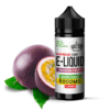 CBD e-liquid bottle with passion fruit and leaves for wellness.