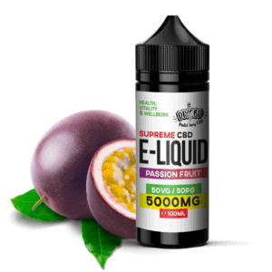 CBD e-liquid bottle with passion fruit and leaves for wellness.