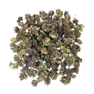 Close-up of Wesley's Wish Smalls cannabis buds with purple and green hues.