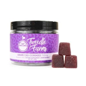 Tweedle Farms Grape CBD Gummies 750mg with three gummies beside the jar.