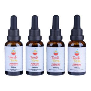 Four bottles of pure CBD oil from Cannablisshop Europe with different concentrations.